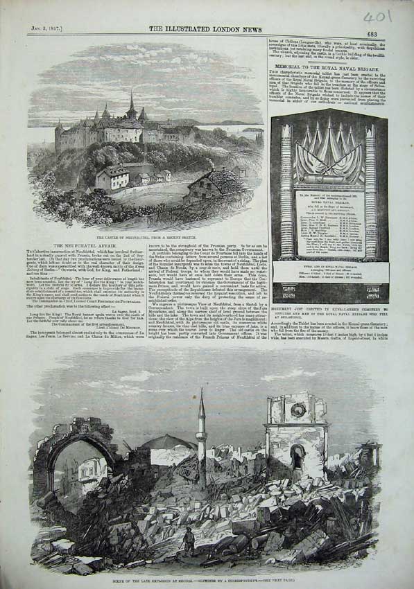 Old Antique Print 1856 Castle Neufchatel Explosion Rhodes Buidlings Ruins 19th