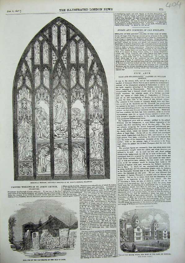 Old Antique Print 1856 Window Church Stamford Chapel Isle Dogs Charlton 19th