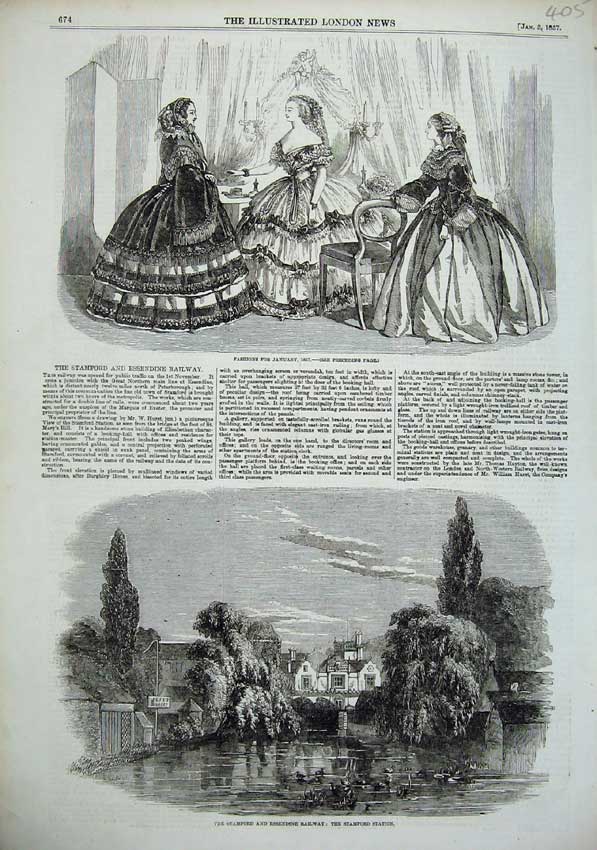 Old Antique Print Paris Fashion 1856 Stamford Essendine Railway Station 19th