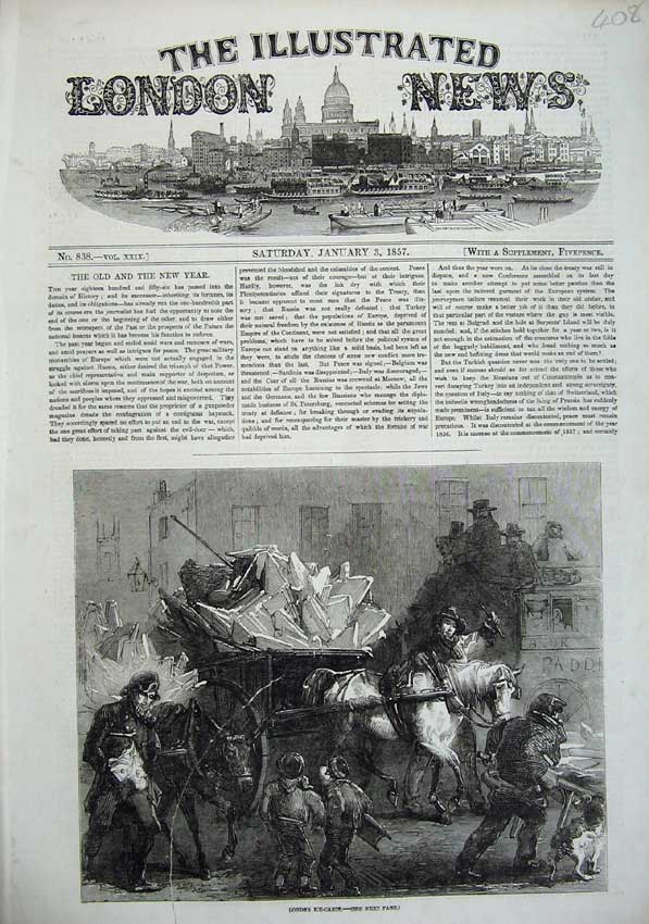 Original Old Antique Print 1856 London Ice Carts Horse Men Children Fine Art
