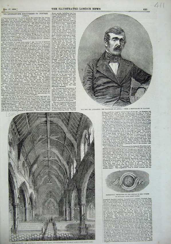 Original Old Antique Print 1856 Dr Livingston Africa Church Matthew Bedford