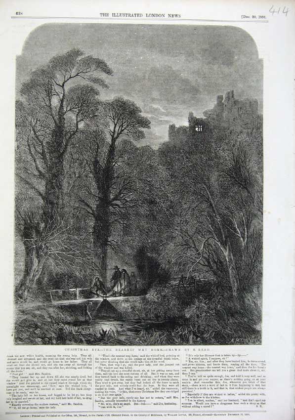 Original Old Antique Print 1856 Christmas Eve Family Torch-Light Trees Fine Art
