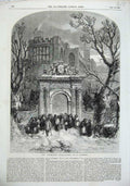 Original Old Antique Print 1856 Christmas Scene Arch Snow People Winter Dodgson