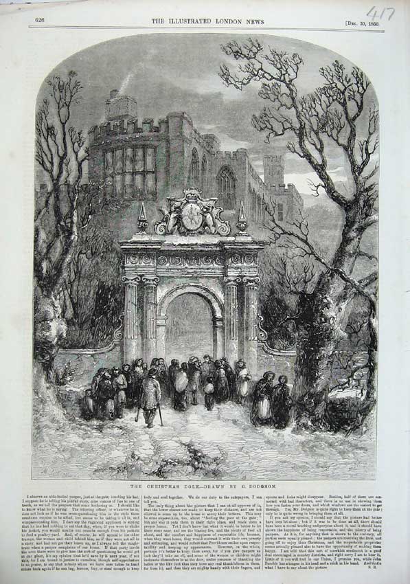 Original Old Antique Print 1856 Christmas Scene Arch Snow People Winter Dodgson