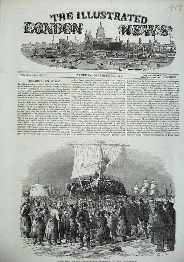 Original Old Antique Print 1856 Cutting Sailing Ships Ice Cronstadt Men Army