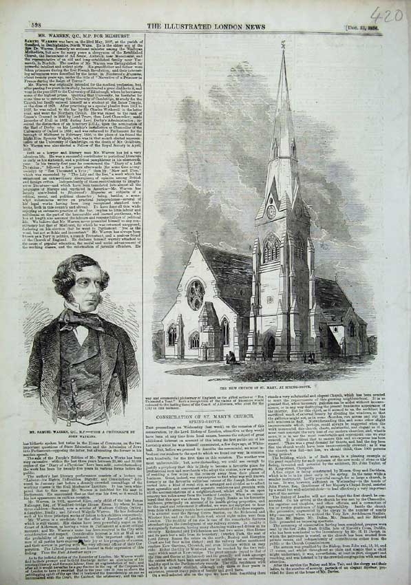 Original Old Antique Print Church Mary Spring Grove 1856 Samuel Warren Man 19th