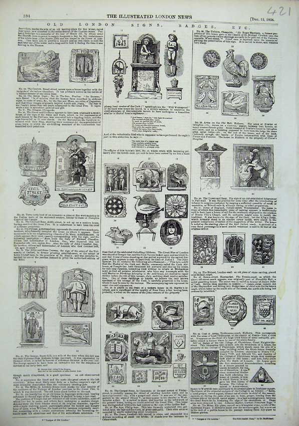 Original Old Antique Print 1856 London Signs Badges Cecil Street James England