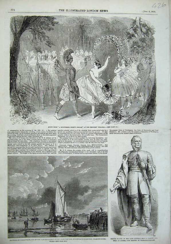 Old Antique Print Midsummer1856 Dream Princess Theatre Statue Napier Ship 19th