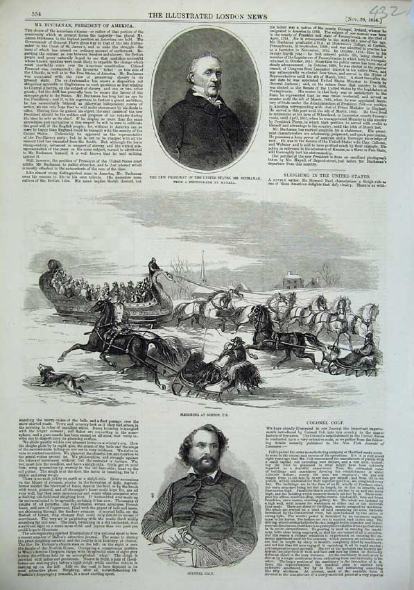 Old Antique Print 1856 Colonel Colt Sleighing Boston Buchanan President 19th