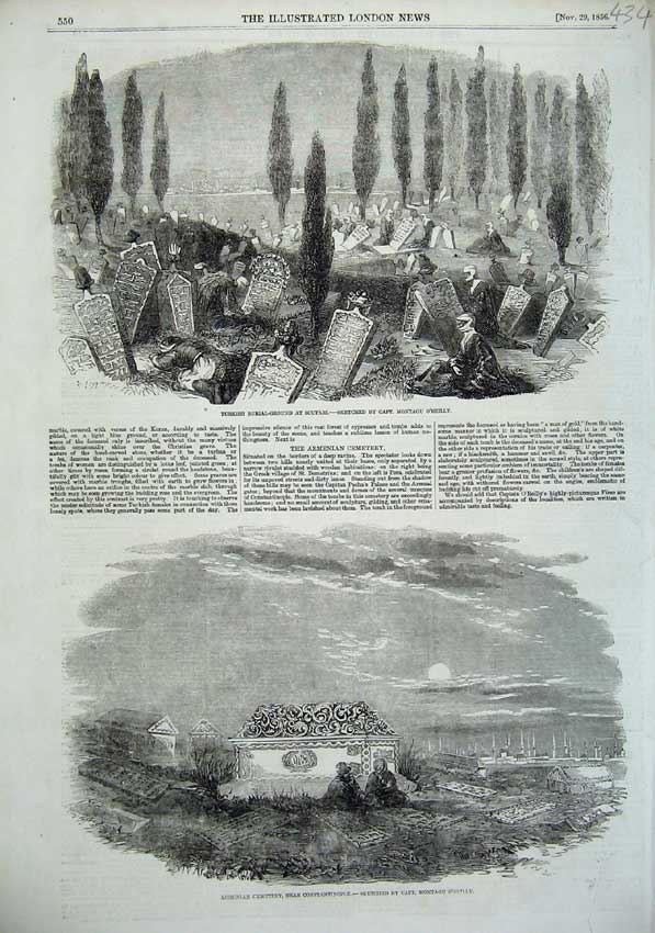 Original Old Antique Print 1856 Armenian Cemetery Constantinople Scutari Graves