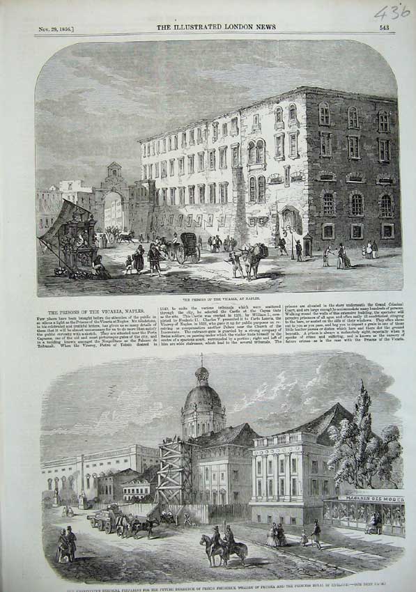 Old Antique Print 1856 Prisons Vicaria Naples Kronprinzen William Prussia 19th