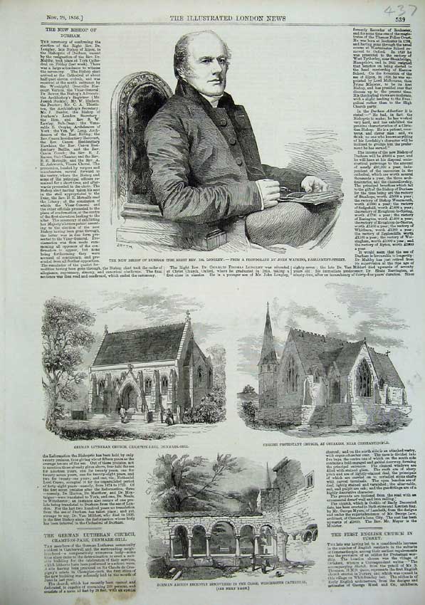 Old Antique Print 1856 Bishop Durham German Church Protestant Norman Arch 19th