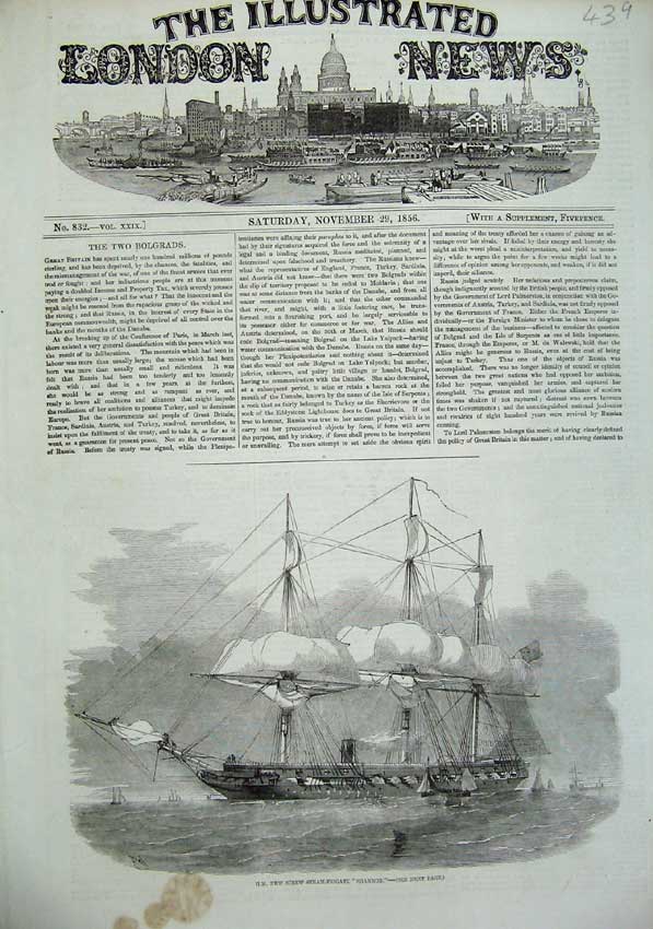 Original Old Antique Print 1856 H.M Screw Steam Frigate Shannon Sailing Ship