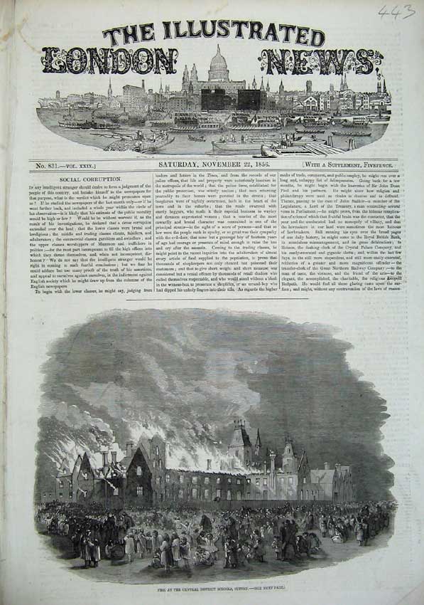 Original Old Antique Print 1856 Fire Central District School Sutton Burning Art