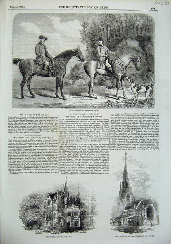 Original Old Antique Print 1856 Lord Yarborough Huntsmen Church Umballah School