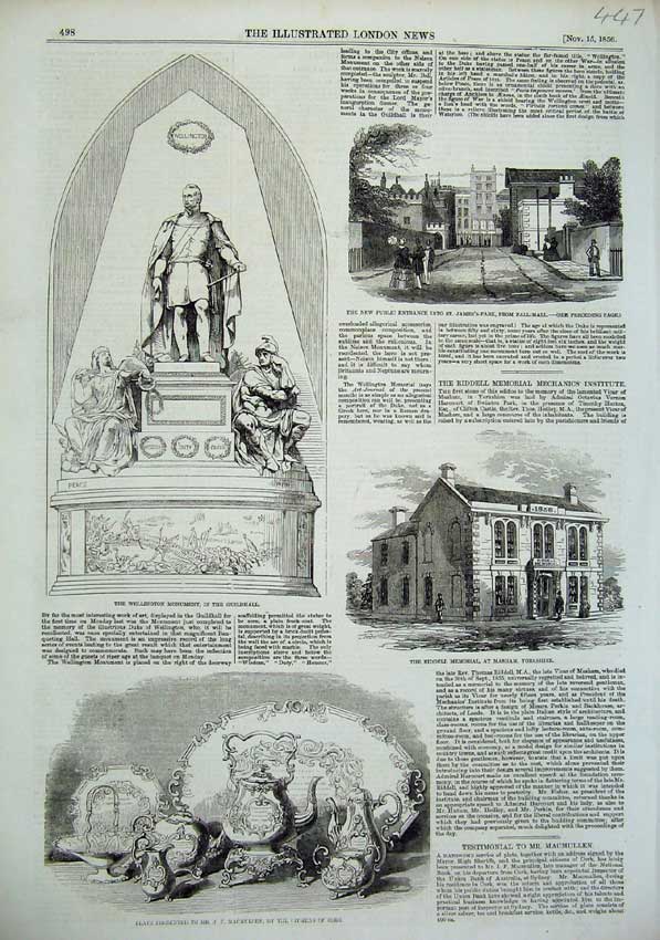 Original Old Antique Print 1856 Wellington Monument Guildhall Riddell Memorial