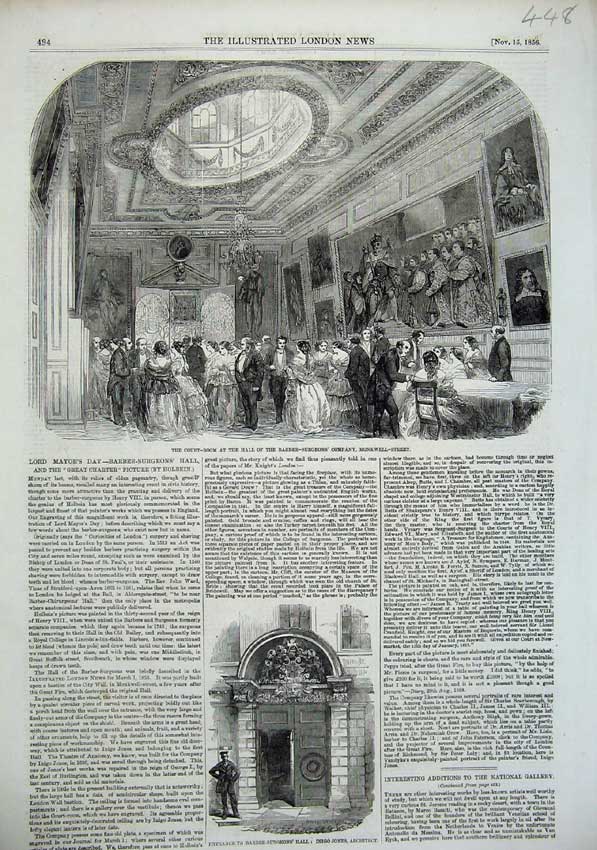 Old Antique Print 1856 Barber Surgeons Hall Court Room Architecture Jones 19th