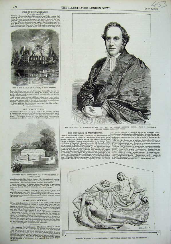 Old Antique Print 1856 Dean Westminster Monument Joseph Hume Fire France 19th