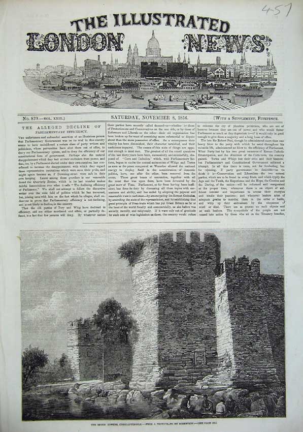Original Old Antique Print 1856 Seven Towers Constantinople Ruins Robertson