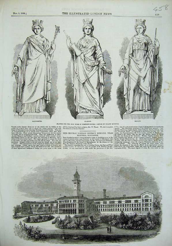 Old Antique Print 1856 London School Hanwell Statue Glasgow Belfast Lady 19th
