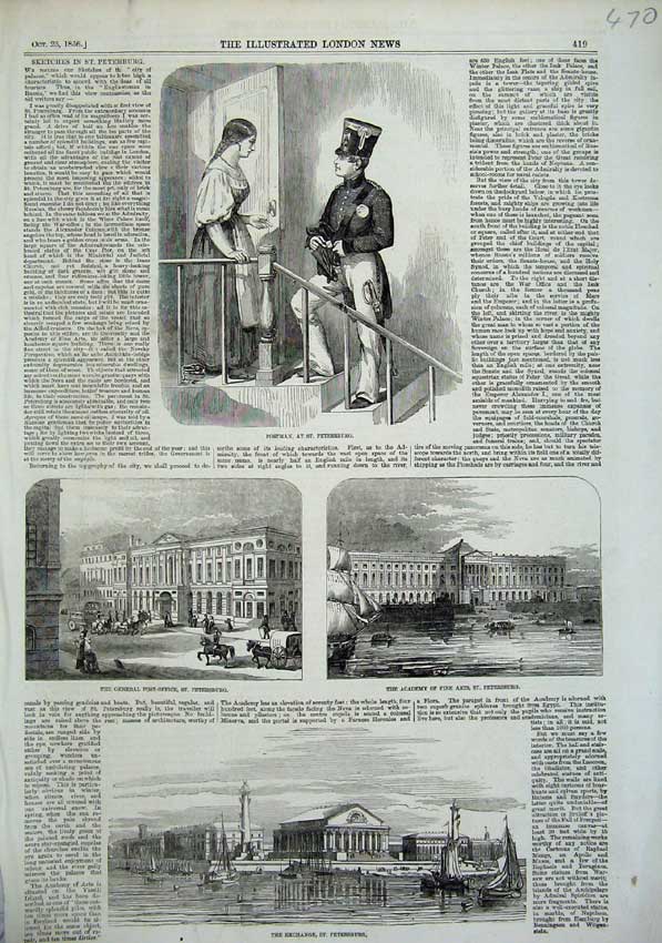 Original Old Antique Print 1856 Postman Petersburg Post Office Exchange Russia