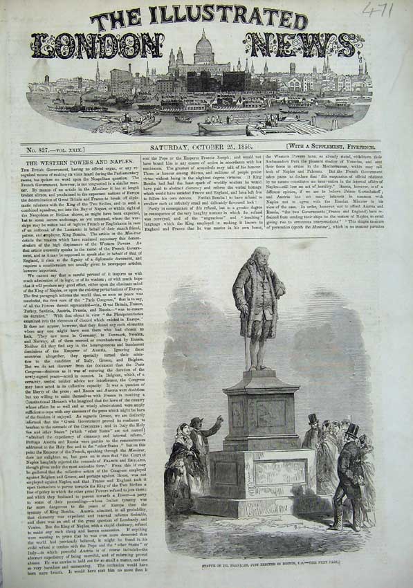 Original Old Antique Print Statue Benjamin Franklin 1856 Boston America Man