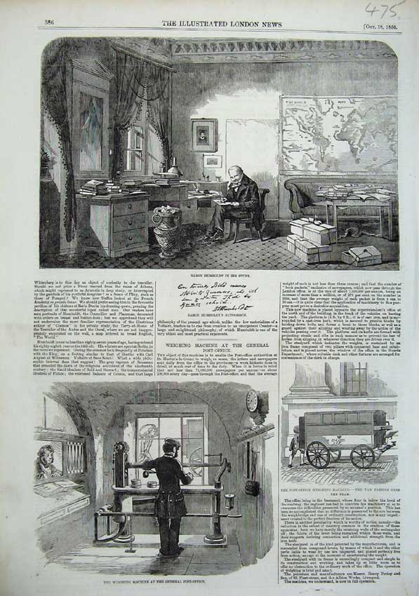 Original Old Antique Print 1856 Weighing Machine Post Office Baron Humbt Study