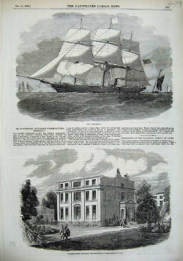 Old Antique Print 1856 Sailing Ship Istanboul Harley House Queen Oude Art 19th