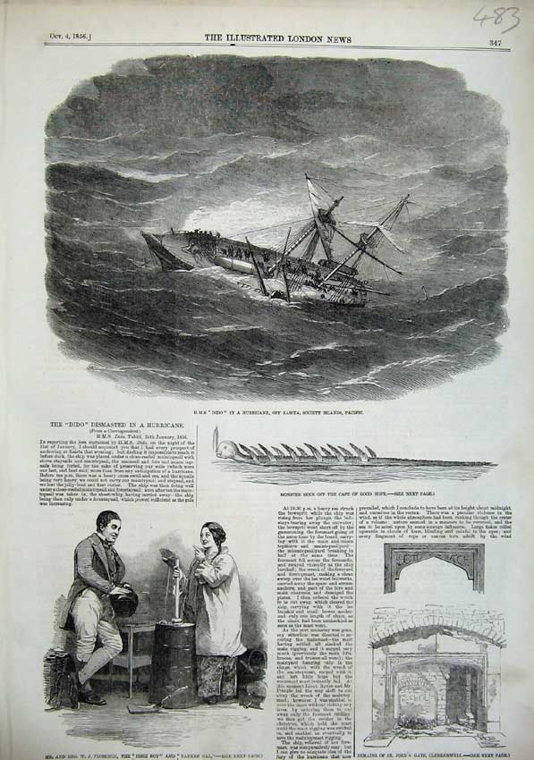 Original Old Antique Print 1856 H.M.S Ship Dido Raieta Florence Drury Lane Gate