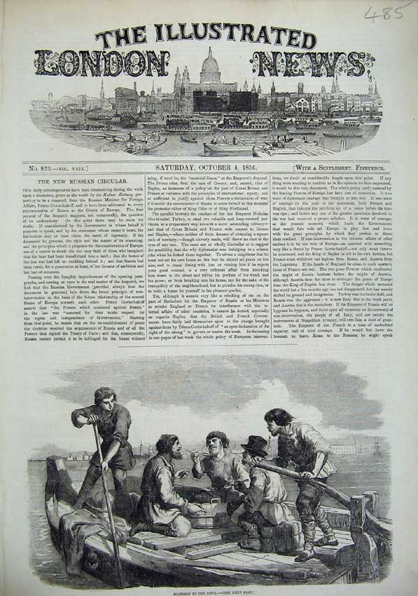 Original Old Antique Print 1856 Boatmen Neva River Men Boat Russia Victorian