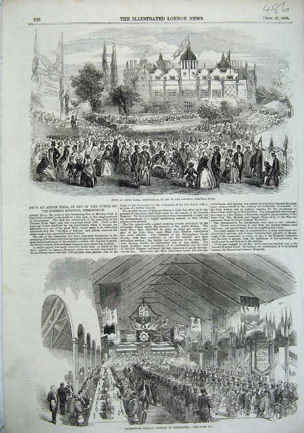 Old Antique Print 1856 Aston Hall Birmingham Banquet Crimean Porstmouth 19th
