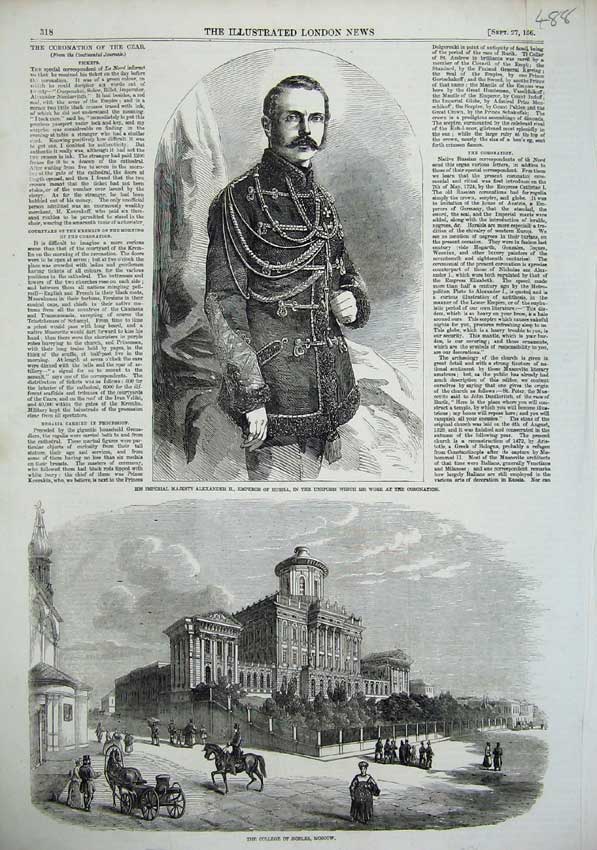 Old Antique Print 1856 College Nobles Moscow Russia Alexander Emperor Man 19th
