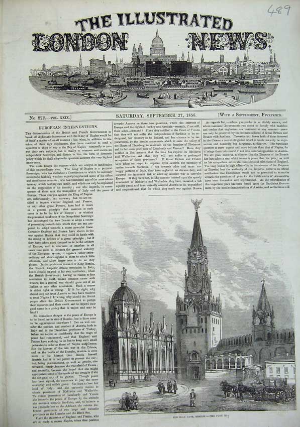 Original Old Antique Print 1856 View Holy Gate Moscow Russia Architecture 19th