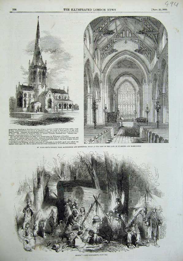 Old Antique Print 1856 St Margarets Church Knutsford Earl Stamford Gipsy 19th
