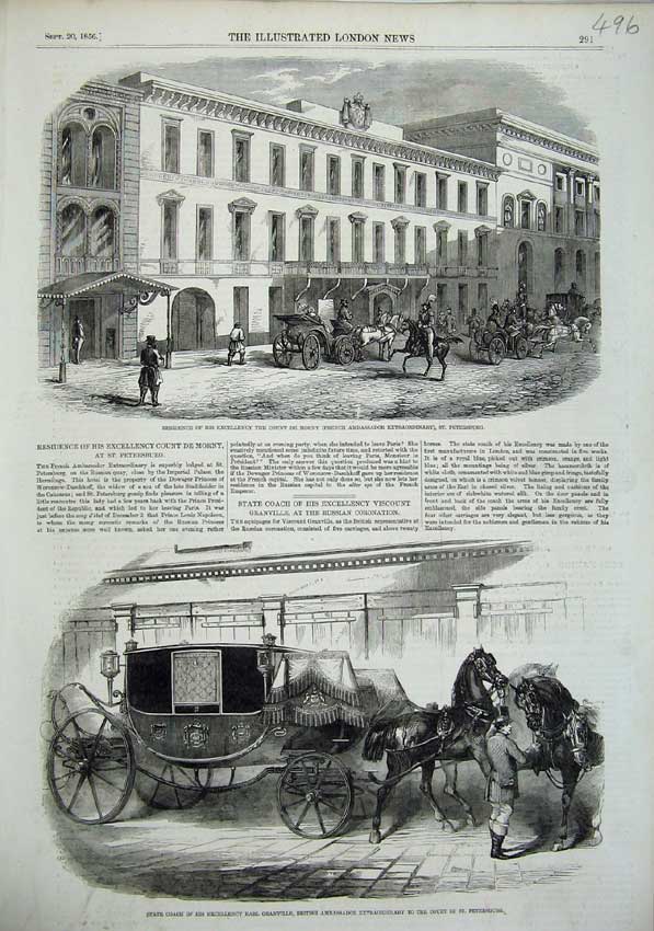 Old Antique Print 1856 Count De Morny French Ambassador State Coach Horse 19th