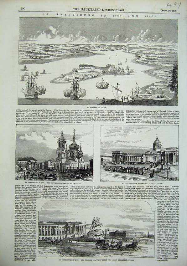 Old Antique Print 1856 Petersburg Moscow Kazan Cathedral Peter Great Ship 19th