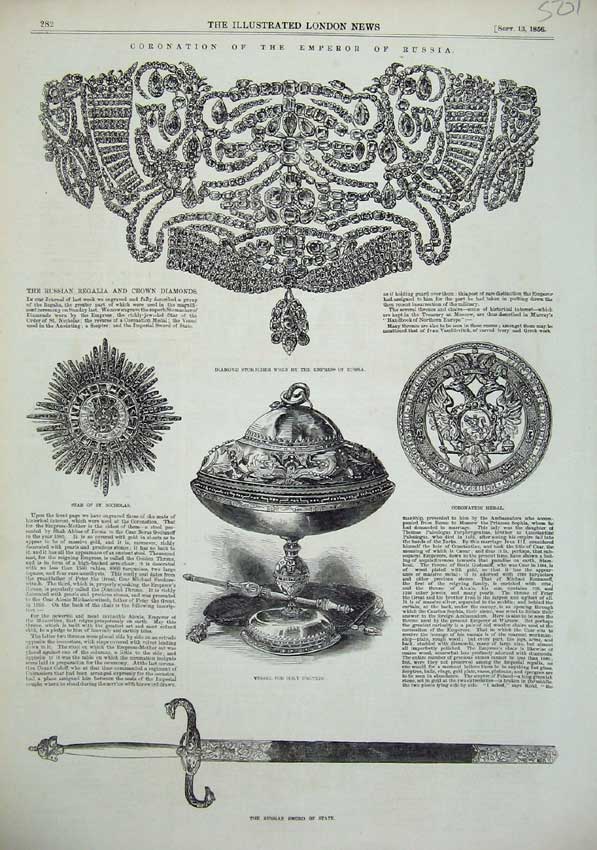Old Antique Print 1856 Emperor Russia Sword Diamond Stomacher Medal Star 19th