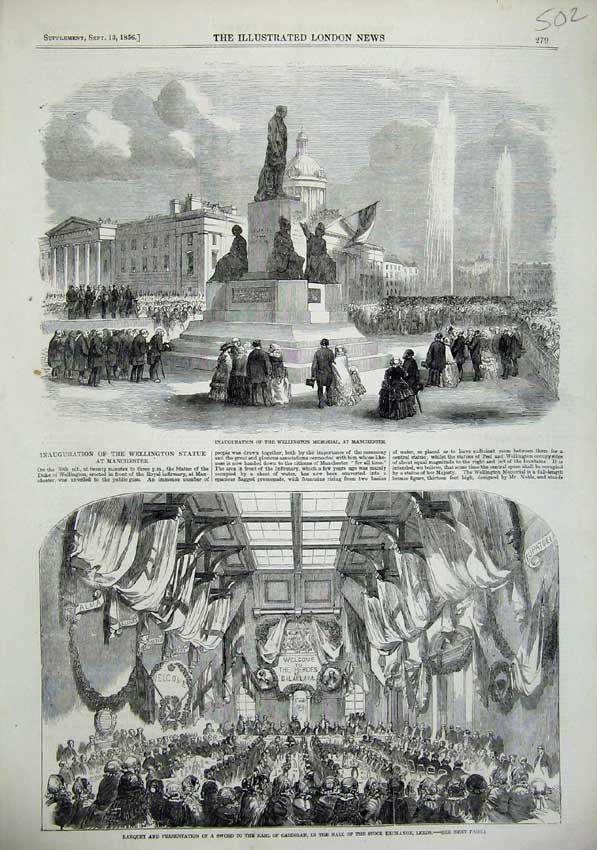Old Antique Print 1856 Wellington Memorial Manchester Earl Cardigan Stock 19th