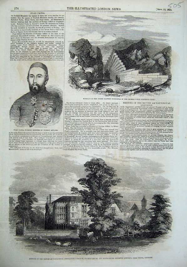Old Antique Print 1856 Church Chantry Somerset Fuad Pacha Crimea Tumulus 19th