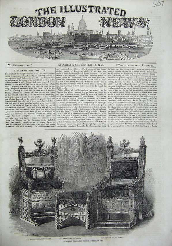 Original Old Antique Print 1856 Russian Coronation Throne Empress Diamond Seat