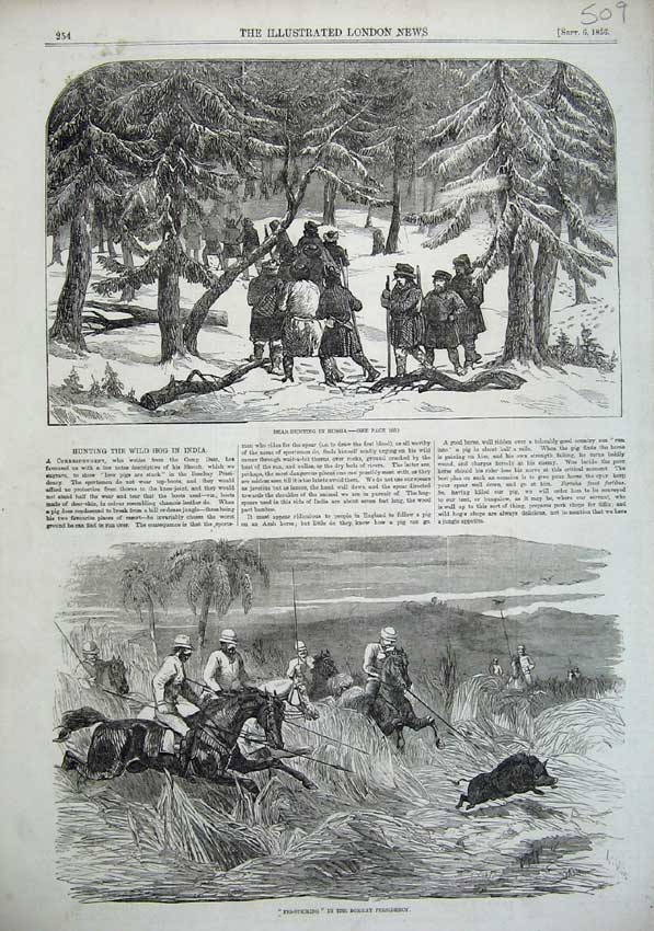 Old Antique Print 1856 Bear Hunting Russia Pig Sticking Bombay Presidency 19th