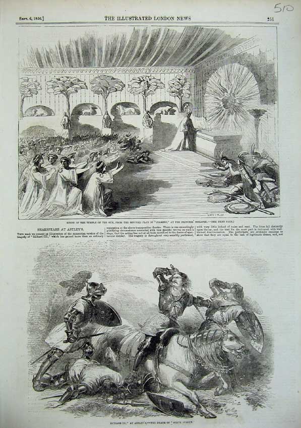 Old Antique Print 1856 Scene Temple Sun Princess Theatre Pizarro Astley 19th