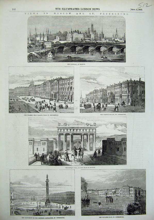 Original Old Antique Print 1856 Moscow Petersburg Kremlin Triumphal Gate Russia