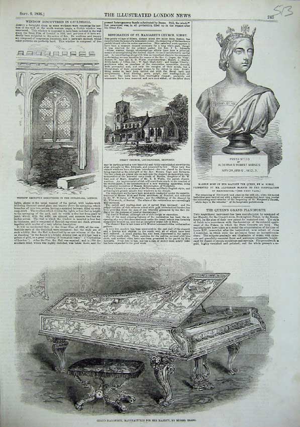 Old Antique Print 1856 Pianoforte Queen Marble Bust Sibsey Church Window 19th