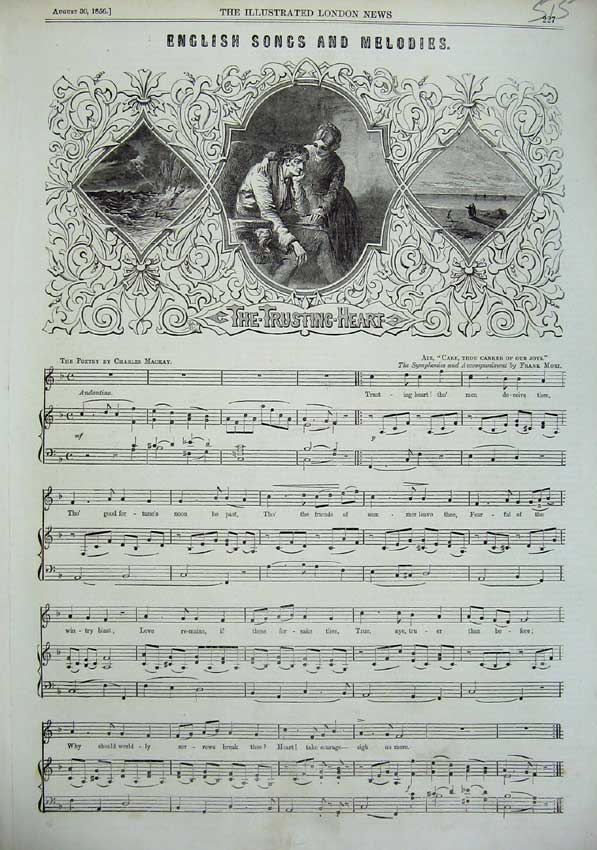Old Antique Print 1856 Sheet Music English Songs Melodies Trusting Heart 19th