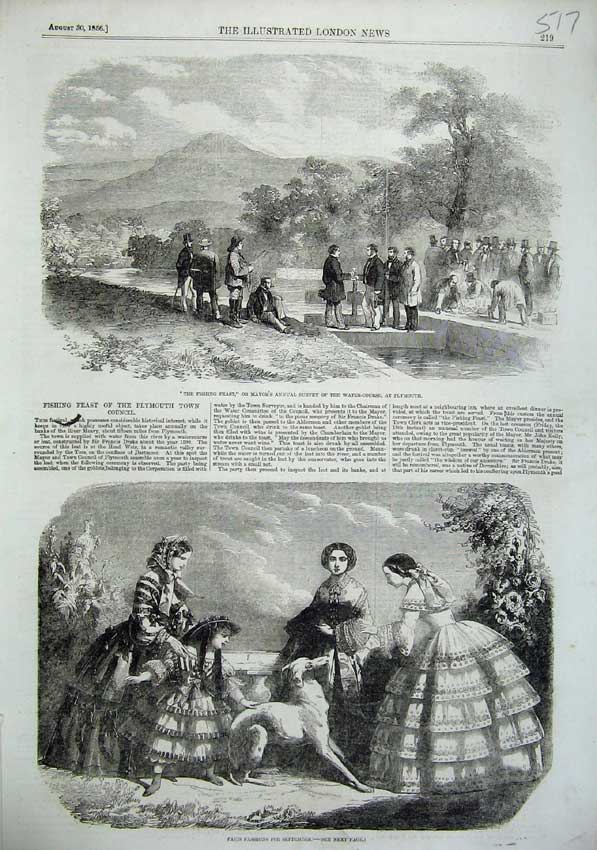 Old Antique Print Paris Womens Fashion 1856 Fishing Mayor River Plymouth 19th