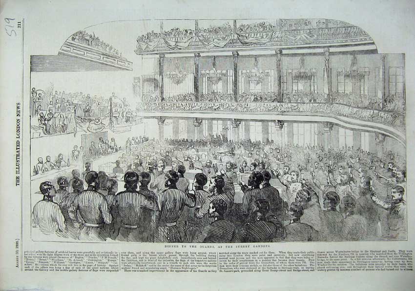 Original Old Antique Print 1856 Dinner Guards Surrey Gardens War Army Banquet