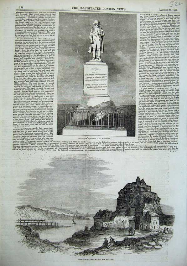 Original Old Antique Print Statue Naploeon Boulogne 1856 Ambleteuse France 19th