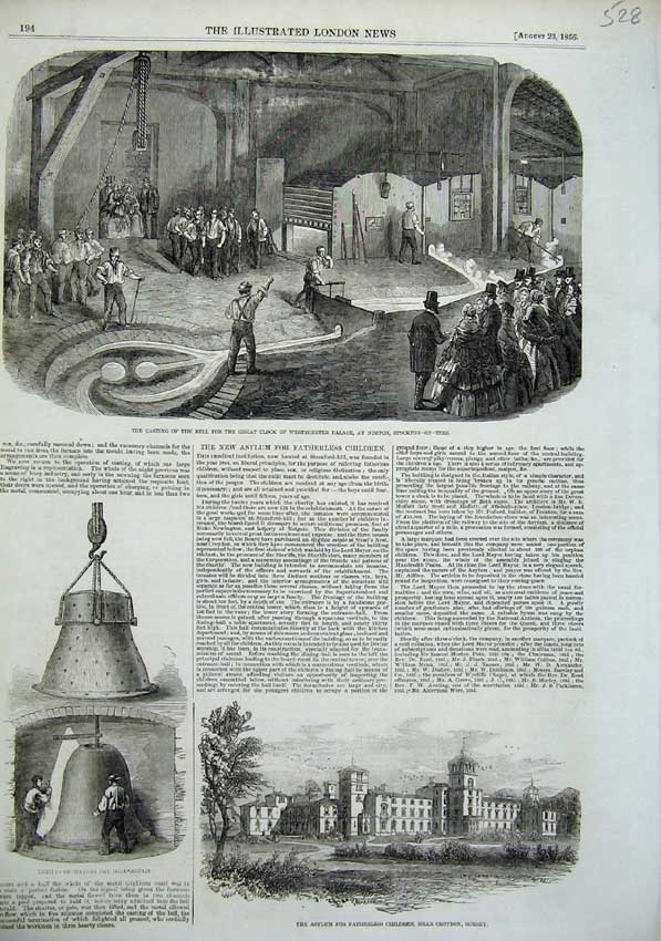 Old Antique Print Bell Great Clock Westminster Palace 1856 Asylum Surrey 19th