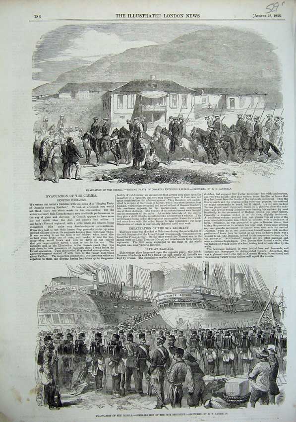 Original Old Antique Print 1856 Crimea War Cossacks Kadikoi Ships Army Siers